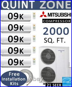 21 SEER 5 Zone Ductless Mini Split Air Conditioner Heat Pump 9000 BTU x 5