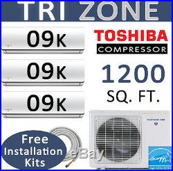 22 SEER Tri Zone Ductless Mini Split Air Conditioner 9000 BTU x 3 / 25ft Kits