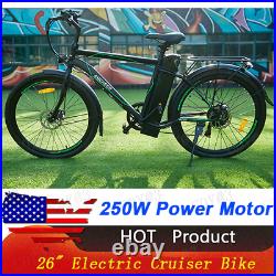 26'' Electric Cruiser Bike+Removable 10AH Battery Adults City Ebike 6 Speed Gear