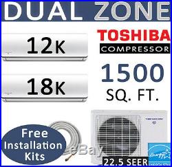 30000 BTU Dual Zone Ductless Mini Split Air Conditioner Heat Pump, 12000 + 18000