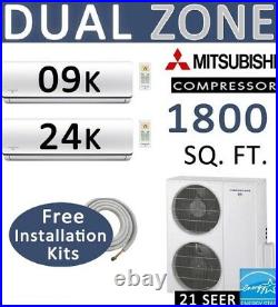 33000 BTU Dual Zone Ductless Mini Split Air Conditioner Heat Pump, 9000 + 24000