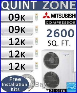54000 BTU Ductless Mini Split Air Conditioner Heat, 9000 x2 + 12000 x3
