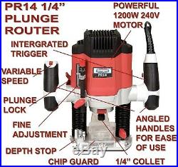 Heavy Duty Variable Speed 1/4 Electric 1200w Plunge Router with Side Fence 240v