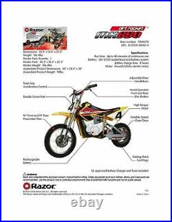 Razor MX650 Rocket Electric Motocross Bike Yellow 650 Watt Motor Variable Speed